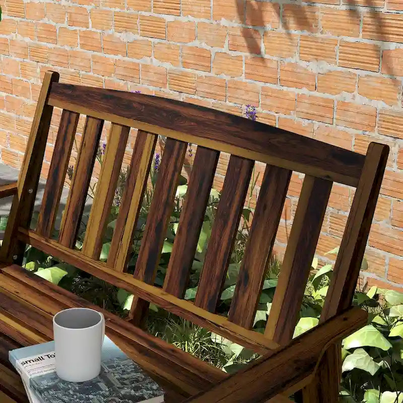 Wood Outdoor Bench, 2-Person Garden Bench with Cupholder Armrests, Slatted Seat and Backrest, Park Bench for Patio