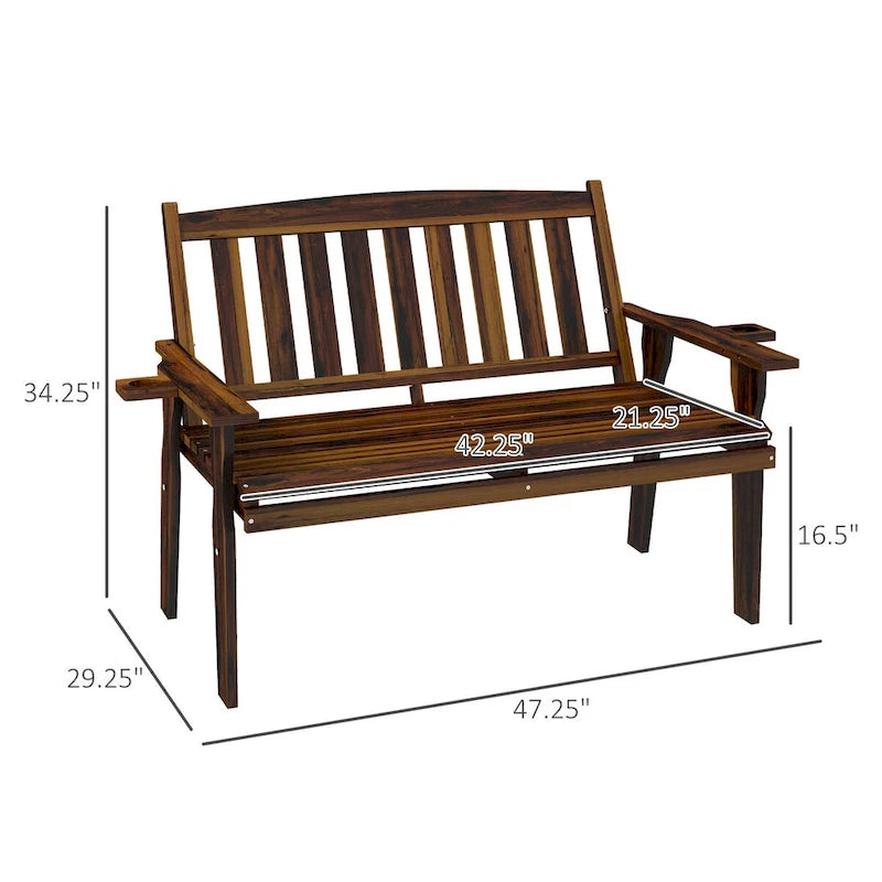 Wood Outdoor Bench, 2-Person Garden Bench with Cupholder Armrests, Slatted Seat and Backrest, Park Bench for Patio