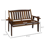 Wood Outdoor Bench, 2-Person Garden Bench with Cupholder Armrests, Slatted Seat and Backrest, Park Bench for Patio