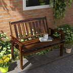 Wood Outdoor Bench, 2-Person Garden Bench with Cupholder Armrests, Slatted Seat and Backrest, Park Bench for Patio