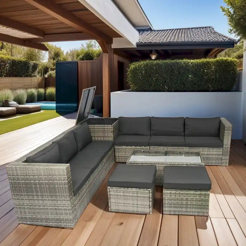 8 Piece Patio Sectional Wicker Rattan Outdoor Furniture Sofa Set with One Storage Box Under Seat