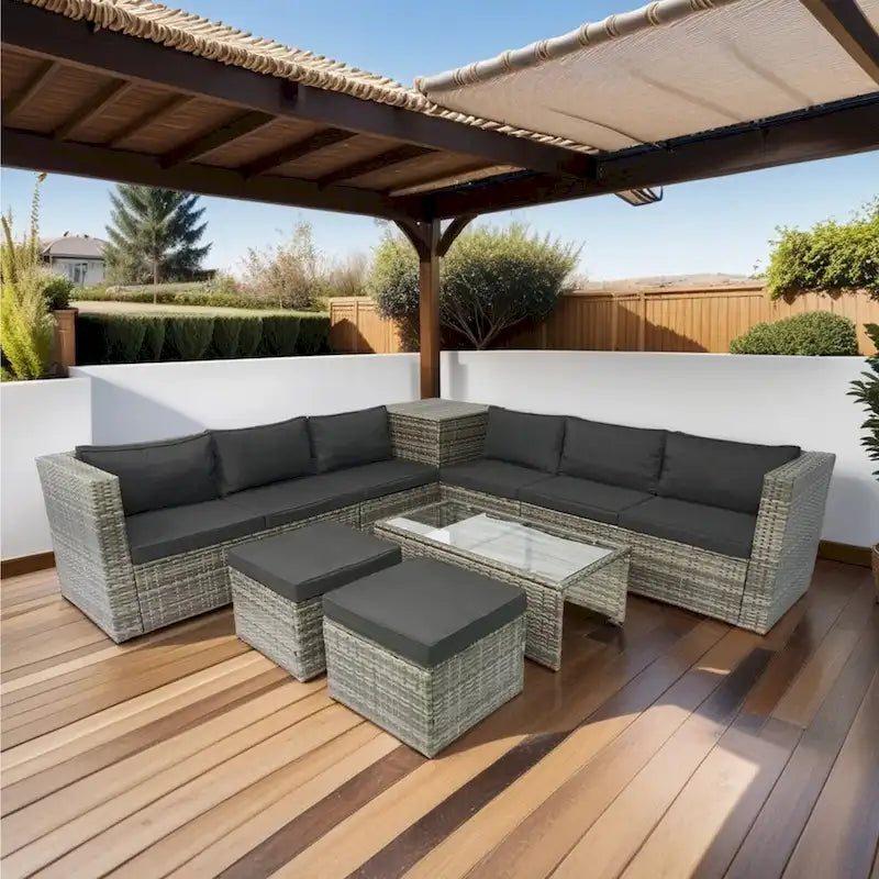 8 Piece Patio Sectional Wicker Rattan Outdoor Furniture Sofa Set with One Storage Box Under Seat