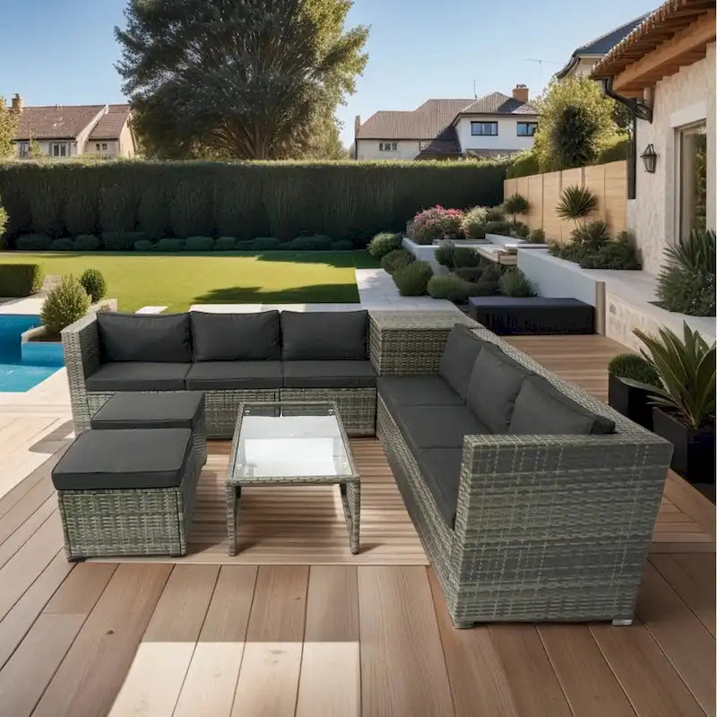 8 Piece Patio Sectional Wicker Rattan Outdoor Furniture Sofa Set with One Storage Box Under Seat