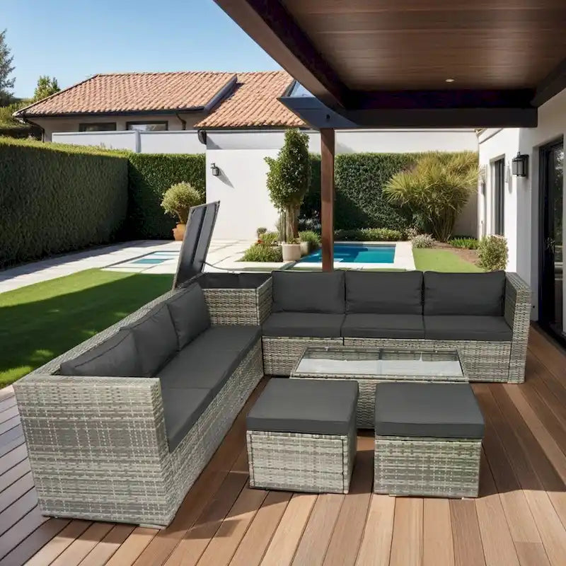 8 Piece Patio Sectional Wicker Rattan Outdoor Furniture Sofa Set with One Storage Box Under Seat