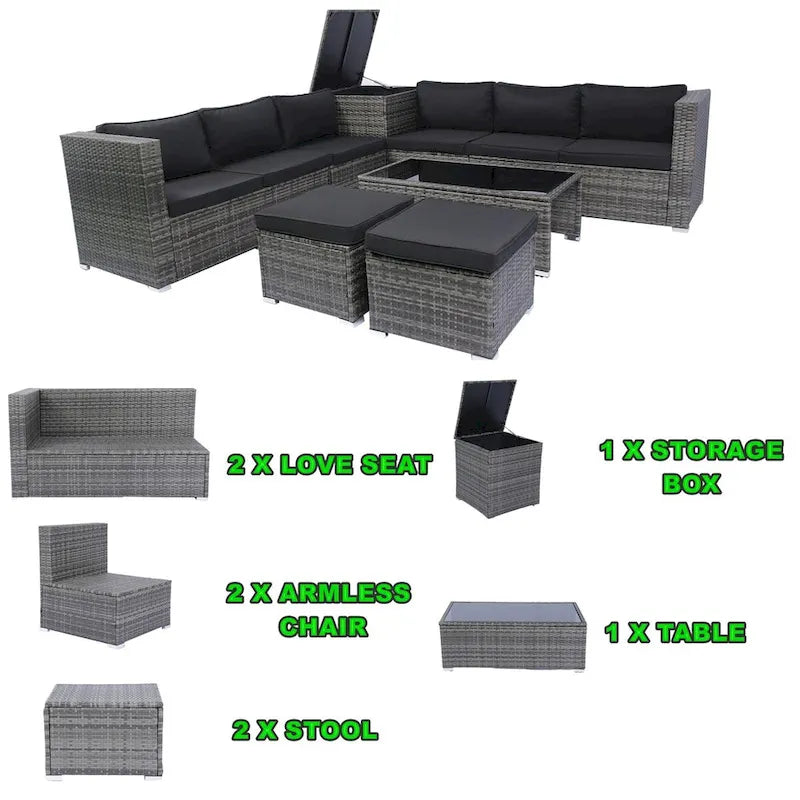 8 Piece Patio Sectional Wicker Rattan Outdoor Furniture Sofa Set with One Storage Box Under Seat