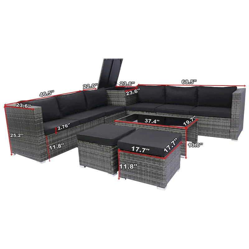 8 Piece Patio Sectional Wicker Rattan Outdoor Furniture Sofa Set with One Storage Box Under Seat