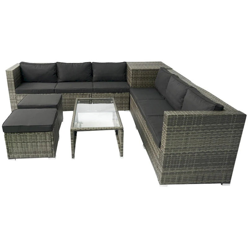 8 Piece Patio Sectional Wicker Rattan Outdoor Furniture Sofa Set with One Storage Box Under Seat