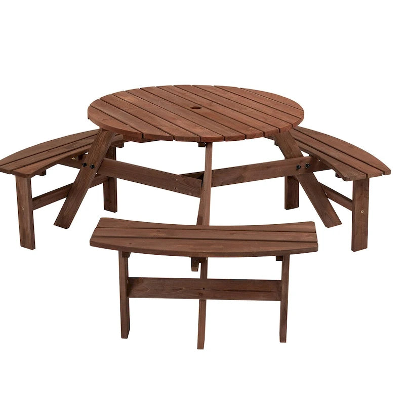 6-Person Circular Outdoor Wooden Picnic Table Set