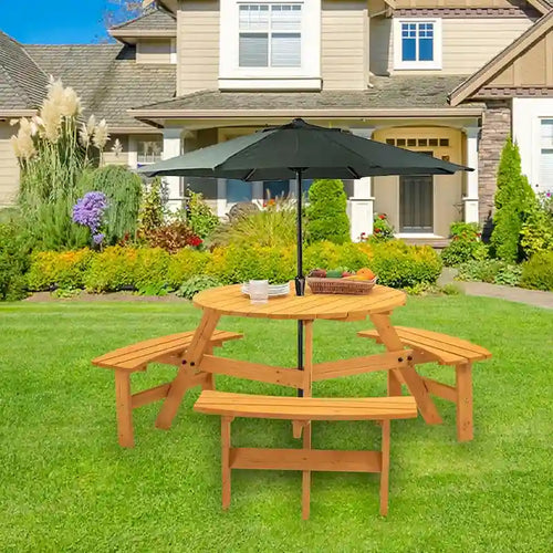 6-Person Circular Outdoor Wooden Picnic Table Set