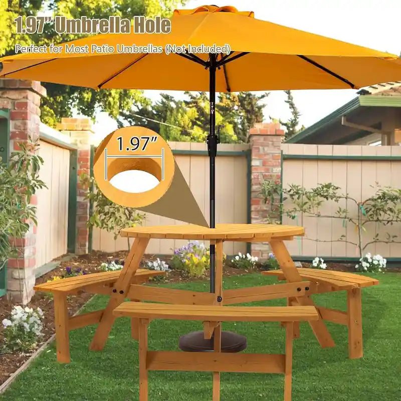 6-Person Circular Outdoor Wooden Picnic Table Set
