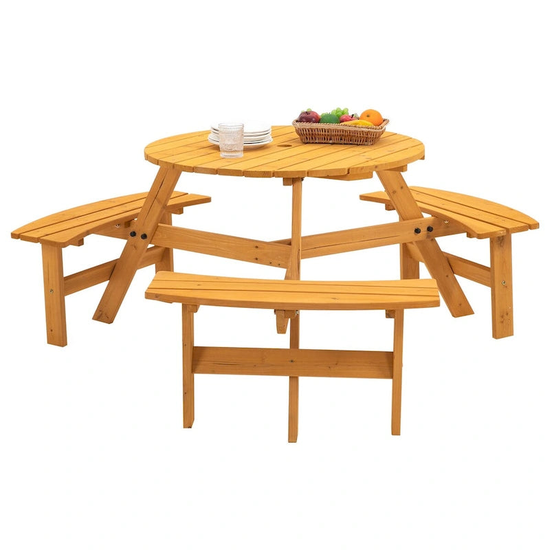 6-Person Circular Outdoor Wooden Picnic Table Set