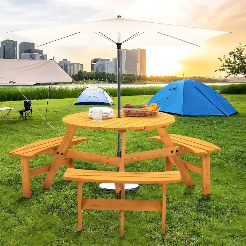 6-Person Circular Outdoor Wooden Picnic Table Set