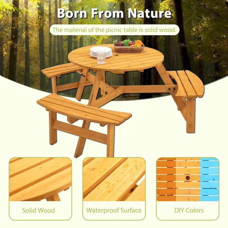 6-Person Circular Outdoor Wooden Picnic Table Set