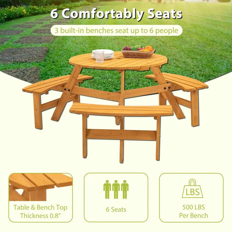 6-Person Circular Outdoor Wooden Picnic Table Set