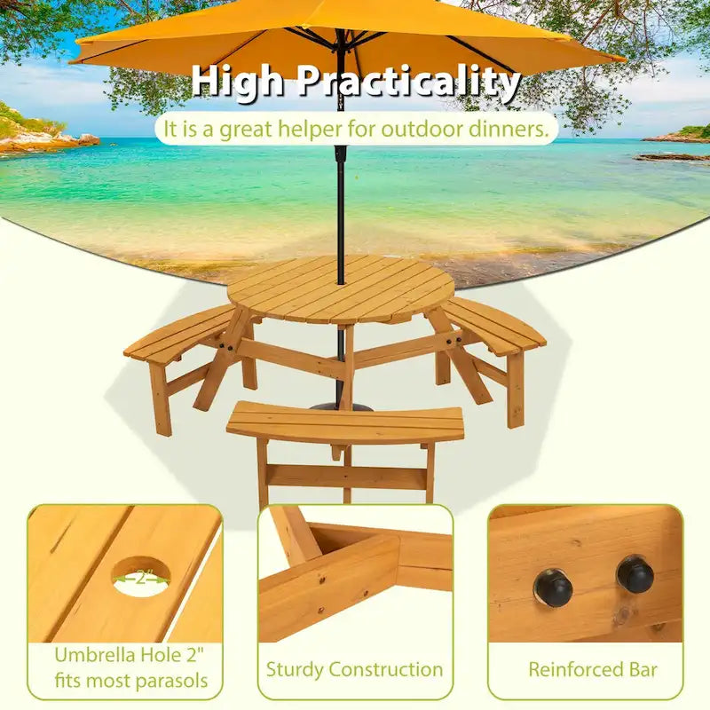 6-Person Circular Outdoor Wooden Picnic Table Set