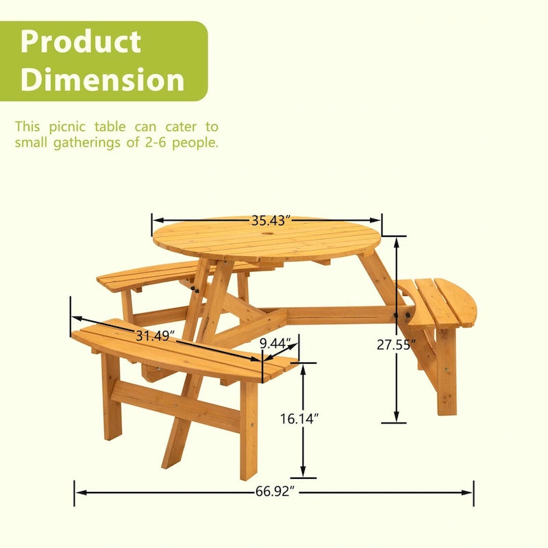 6-Person Circular Outdoor Wooden Picnic Table Set