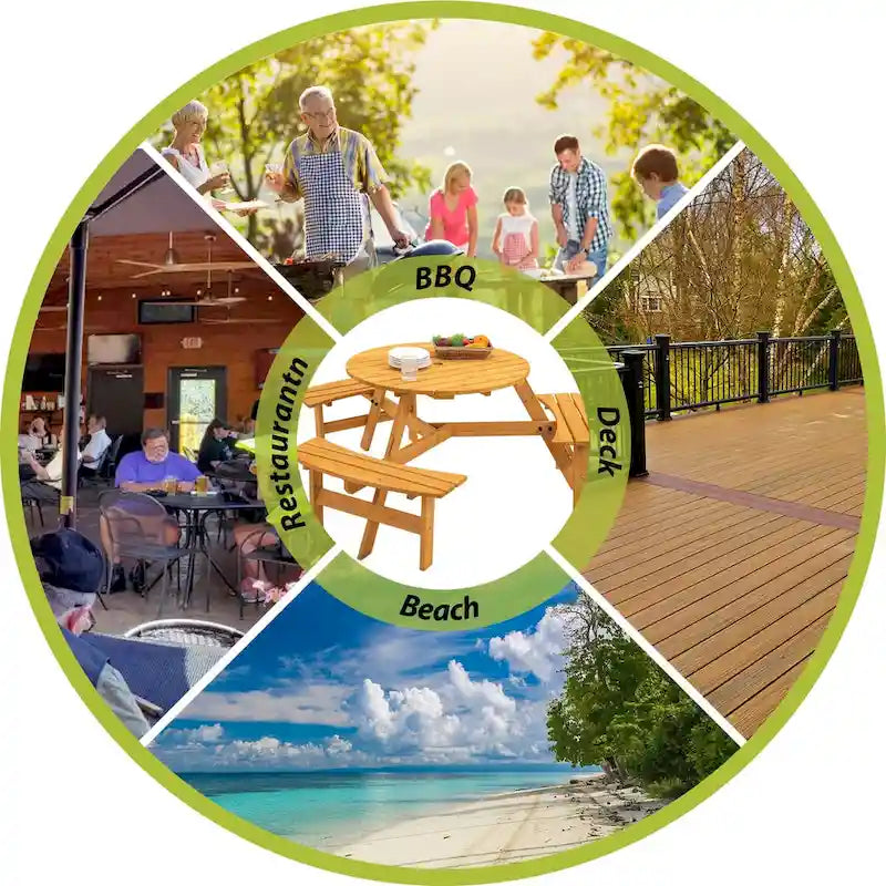 6-Person Circular Outdoor Wooden Picnic Table Set