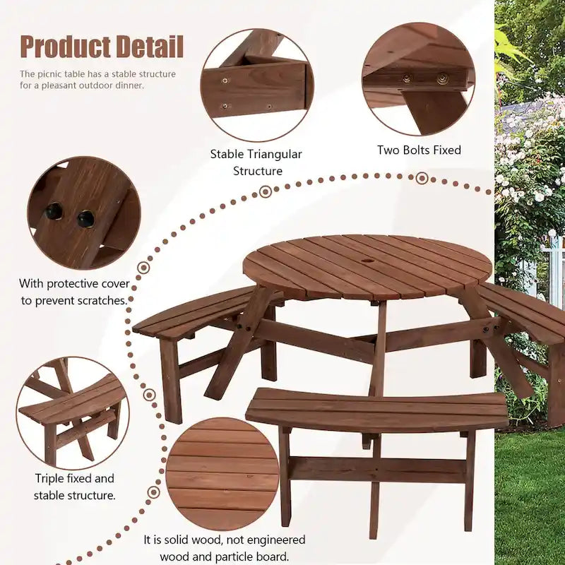 6-Person Circular Outdoor Wooden Picnic Table Set