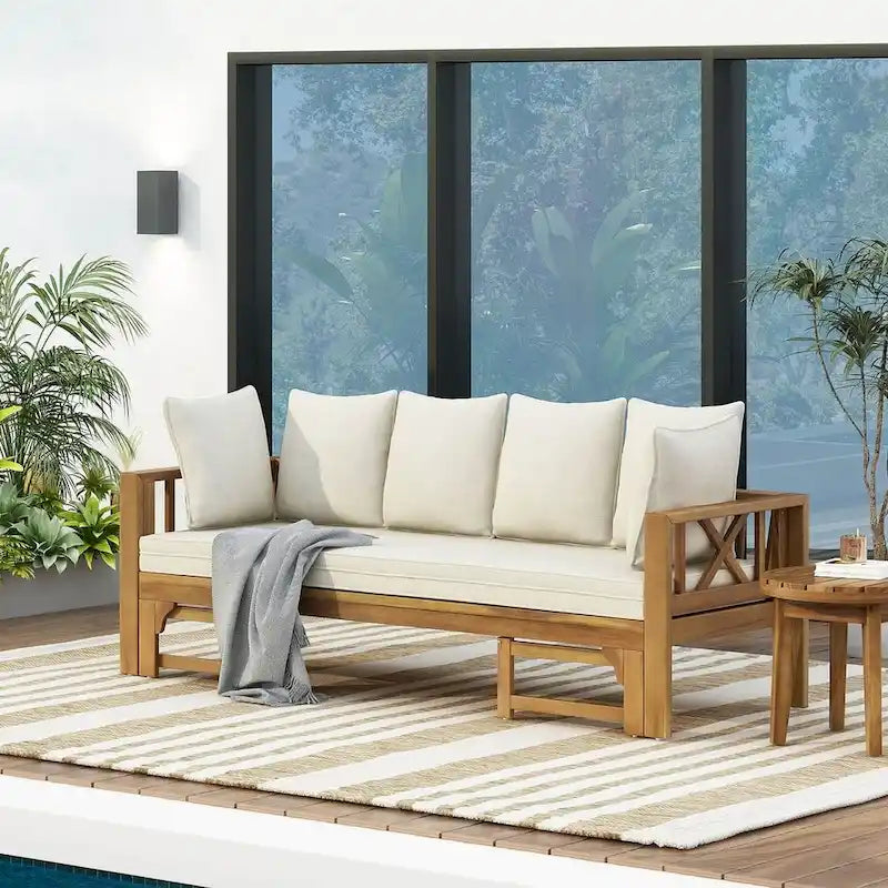Outdoor Daybed Acacia Wood, Water-Resistant Cushions by Christopher Knight Home