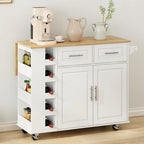 Multi-Functional Kitchen Island Cart with Spice Rack, Towel Holder, Wine Rack, and Foldable Rubberwood Table Top