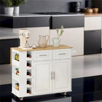 Multi-Functional Kitchen Island Cart with 2 Door Cabinet and Wine Rack - N/A