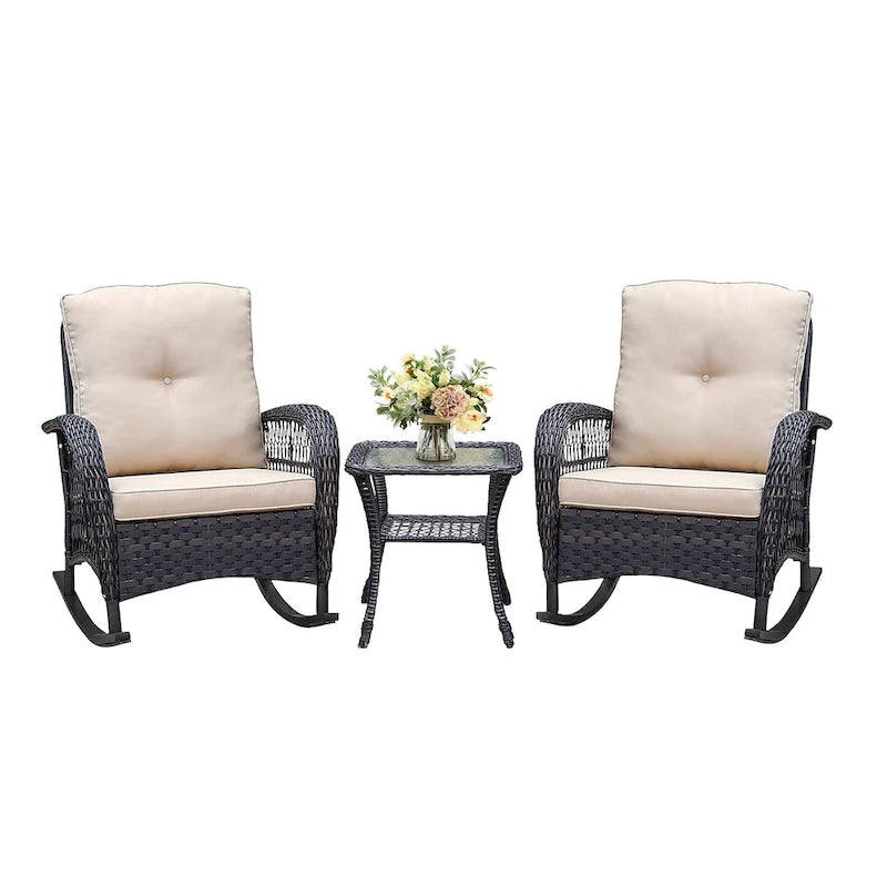 3 Pieces Conversation Set, Outdoor Wicker Rocker Patio Bistro Set, Rocking Chair with Glass Top Side Table