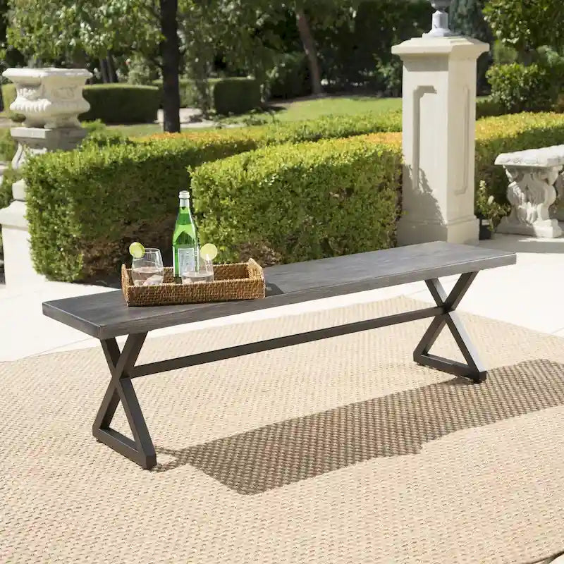 Outdoor Aluminum Dining Bench with Steel Frame, Grey / Black