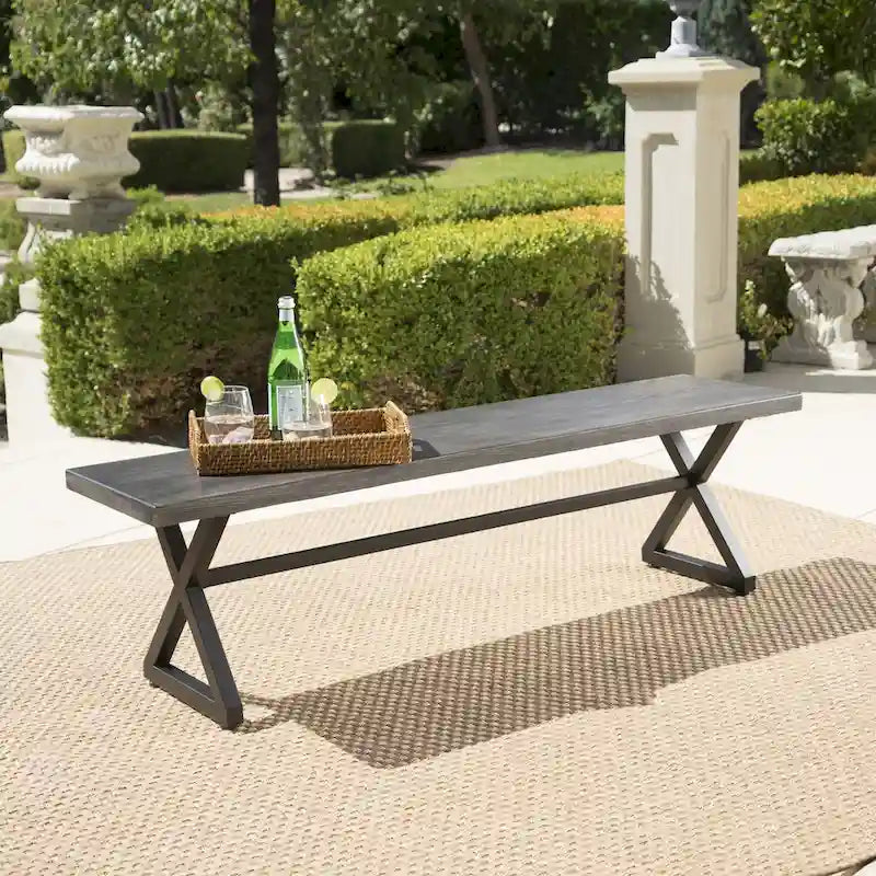 Outdoor Aluminum Dining Bench with Steel Frame, Grey / Black