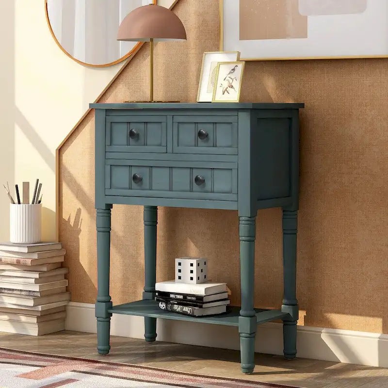 Solid Wood Distressed Sofa Table with Three Storage Drawers and Bottom Shelf