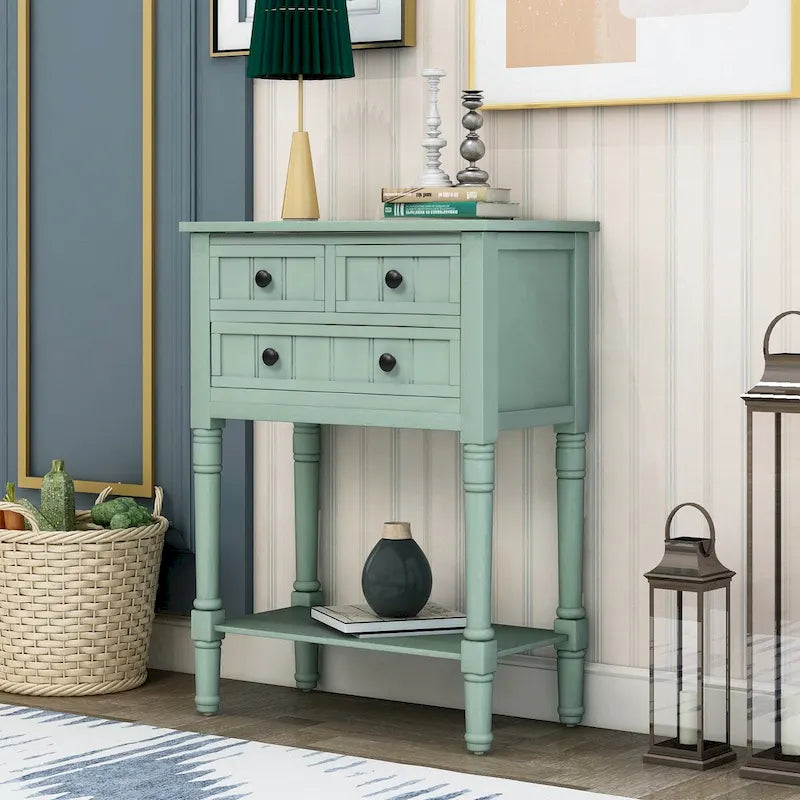 Solid Wood Distressed Sofa Table with Three Storage Drawers and Bottom Shelf