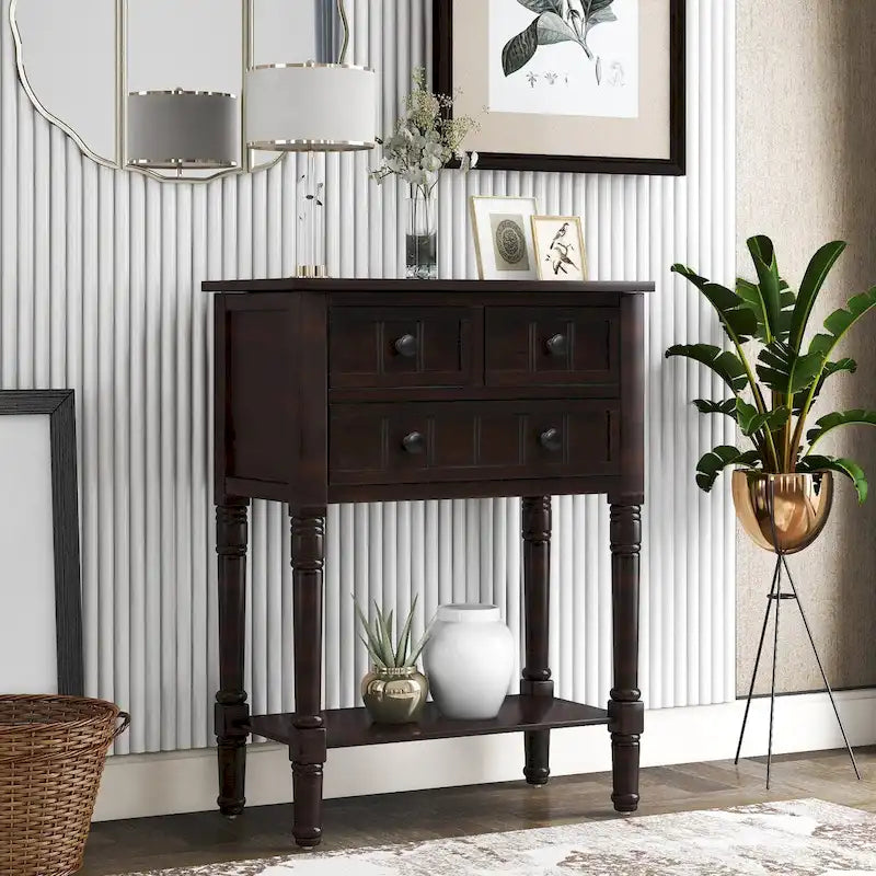 Solid Wood Distressed Sofa Table with Three Storage Drawers and Bottom Shelf