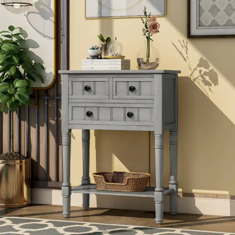 Solid Wood Distressed Sofa Table with Three Storage Drawers and Bottom Shelf