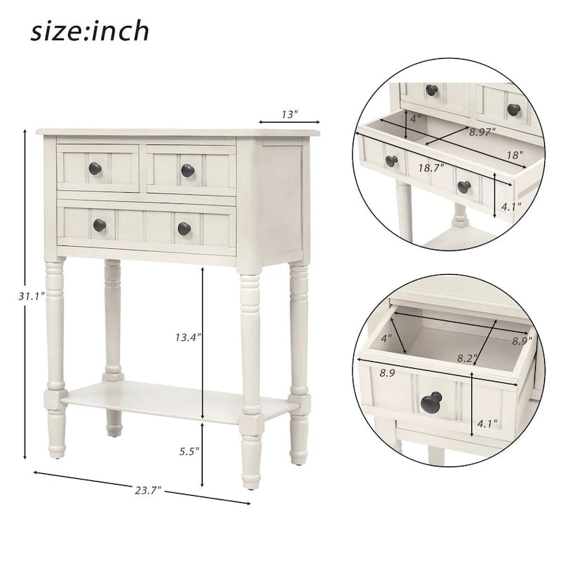 Solid Wood Distressed Sofa Table with Three Storage Drawers and Bottom Shelf