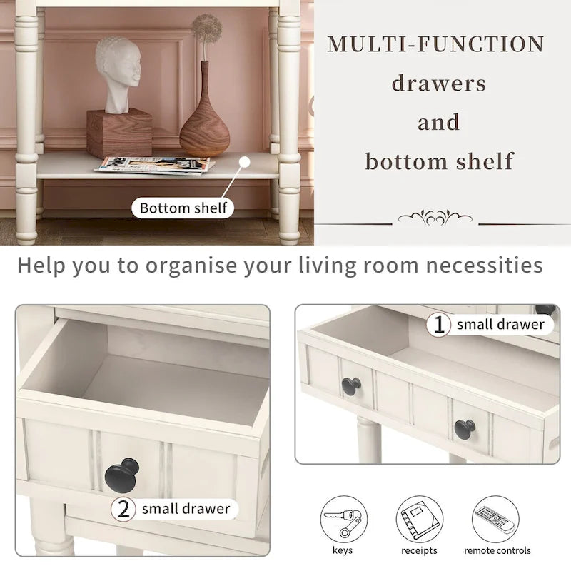 Solid Wood Distressed Sofa Table with Three Storage Drawers and Bottom Shelf