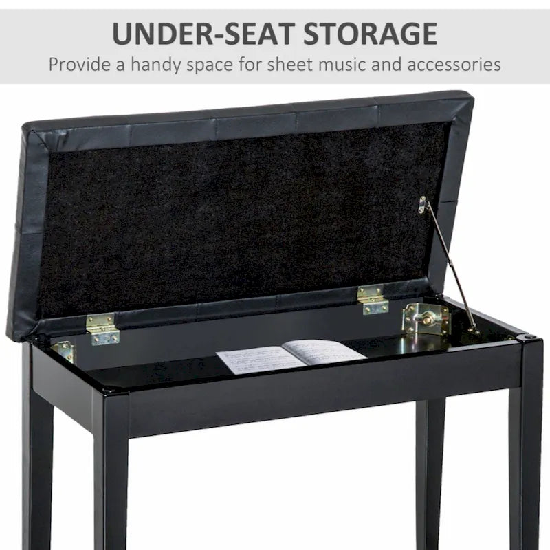 Duet Piano Chair with Faux Leather Padded Cushion and Wooden Frame, Button Tufted Keyboard Bench, Black