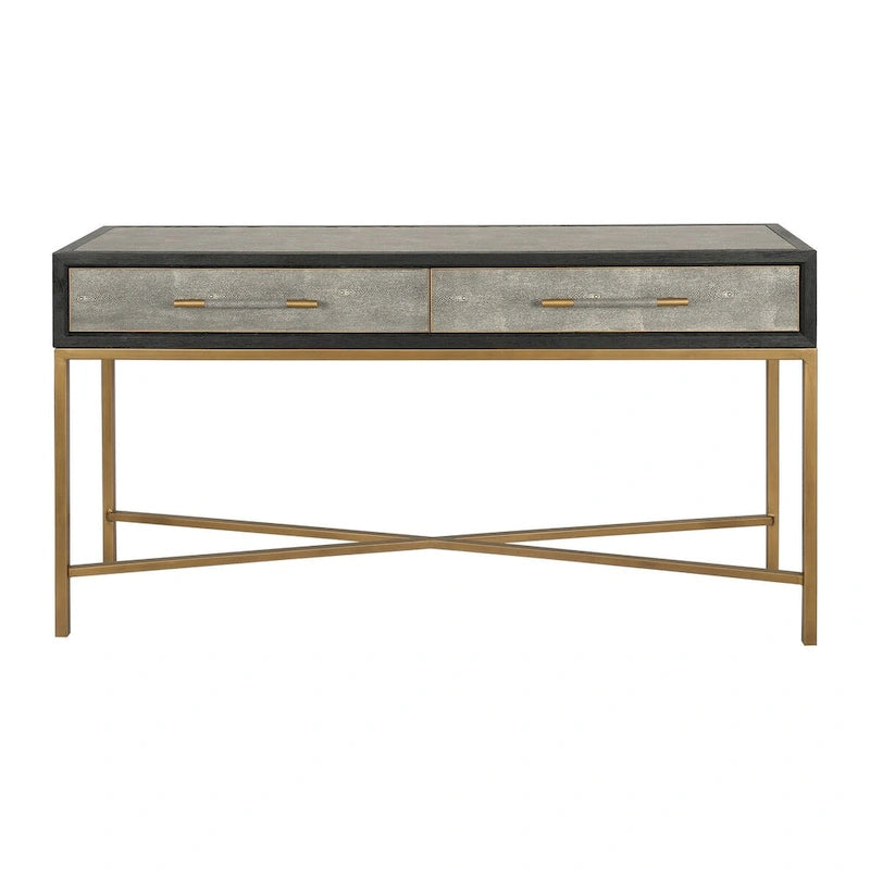  Miki Art Deco Solid Wood AndVegan Leather Shagreen With Brass Accents Console Table - 59W x 16D x 32.3H