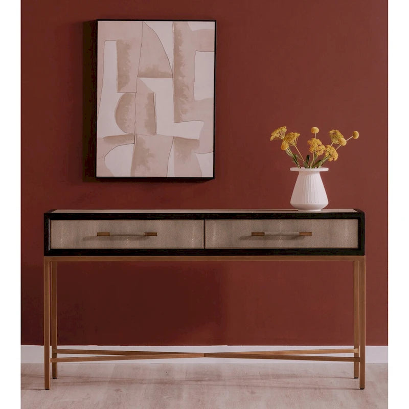 Miki Art Deco Solid Wood AndVegan Leather Shagreen With Brass Accents Console Table - 59W x 16D x 32.3H