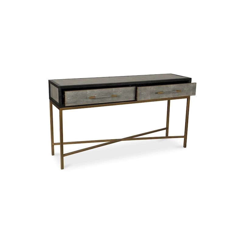 Miki Art Deco Solid Wood AndVegan Leather Shagreen With Brass Accents Console Table - 59W x 16D x 32.3H