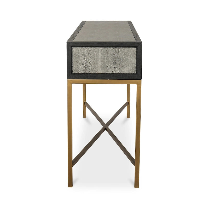 Miki Art Deco Solid Wood AndVegan Leather Shagreen With Brass Accents Console Table - 59W x 16D x 32.3H