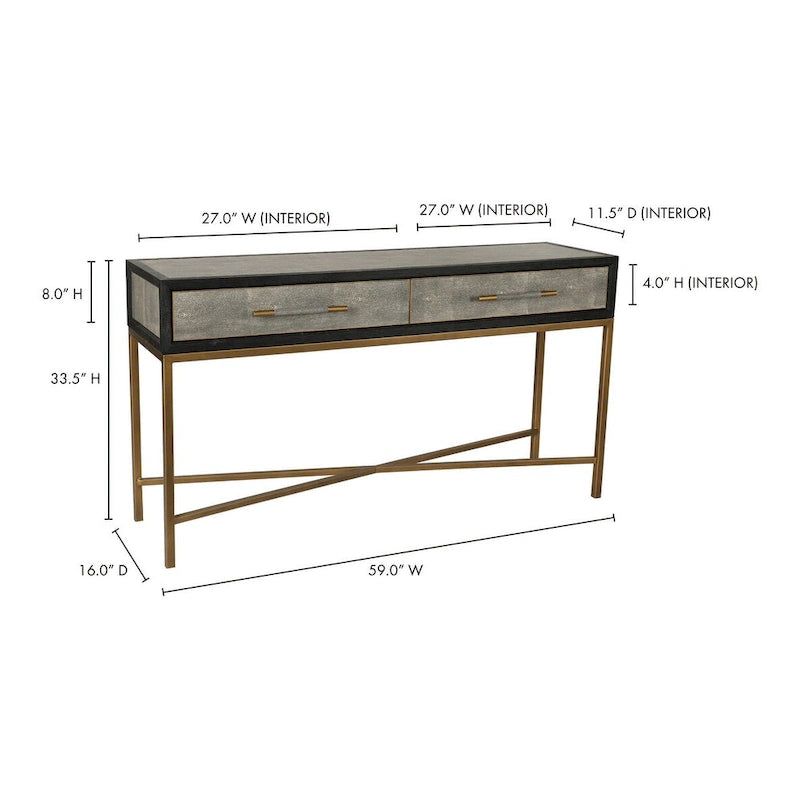 Miki Art Deco Solid Wood AndVegan Leather Shagreen With Brass Accents Console Table - 59W x 16D x 32.3H