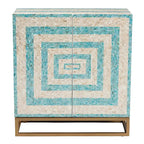 Utari Modern Bohemian Two-Tone Beige and Blue Mother of Pearl and Gold Metal Storage Cabinet