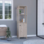 New Haven Linen Single Door Cabinet, Two Interior Shelves, Two Open Shelves, Light Oak / White