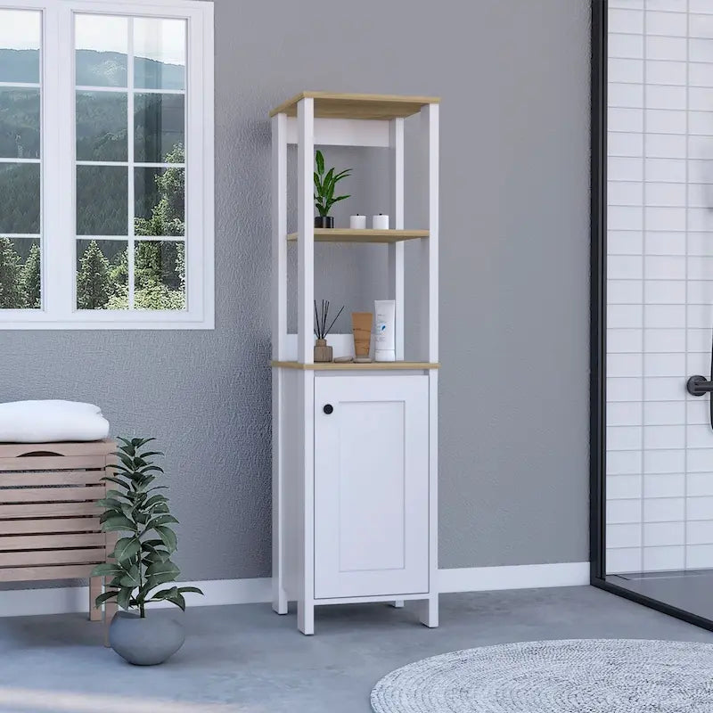 New Haven Linen Single Door Cabinet, Two Interior Shelves, Two Open Shelves, Light Oak / White