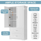 63Tall Bathroom Storage Cabinet, Cabinet with Two Doors and Drawers, Adjustable Shelf, MDF Board, White