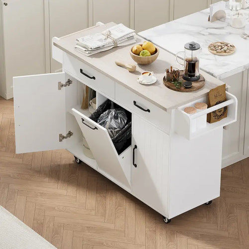 51 in. W Rolling Kitchen Island Cart with Drop Leaf and Tilt-out Trash Can