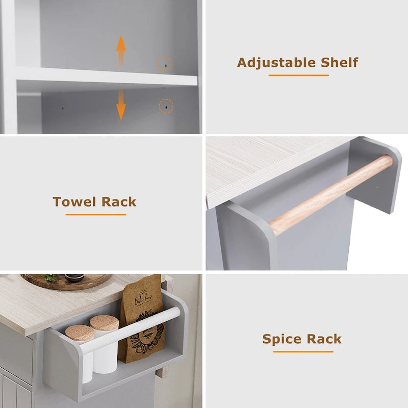 51 in. W Rolling Kitchen Island Cart with Drop Leaf and Tilt-out Trash Can