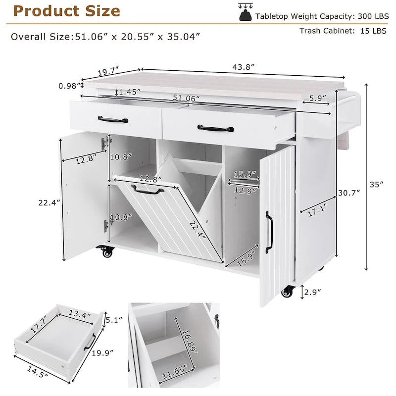 51 in. W Rolling Kitchen Island Cart with Drop Leaf and Tilt-out Trash Can