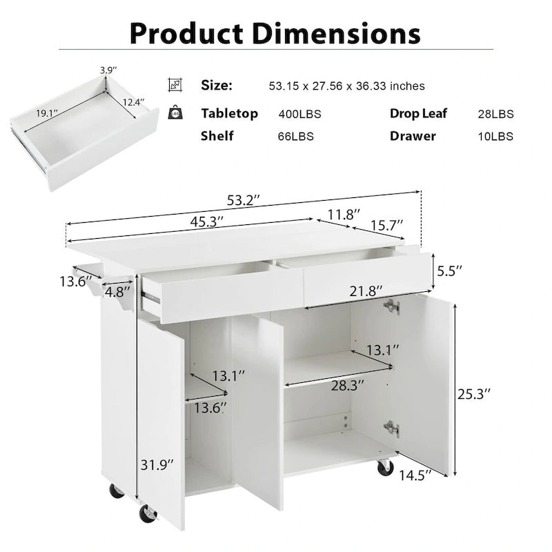 53.2in Rolling Kitchen Island with Drop Leaf with Spice Rack 2 Drawers