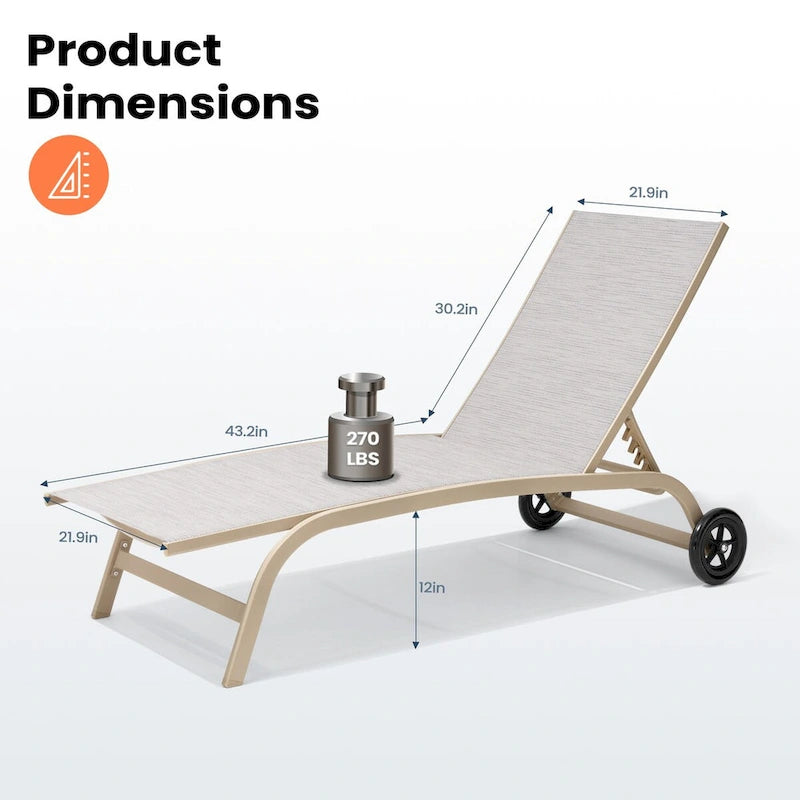 VredHom Outdoor Adjustable Chaise Lounge Chairs with Wheels - 43.2 in D * 12 in H * 21.9 in W
