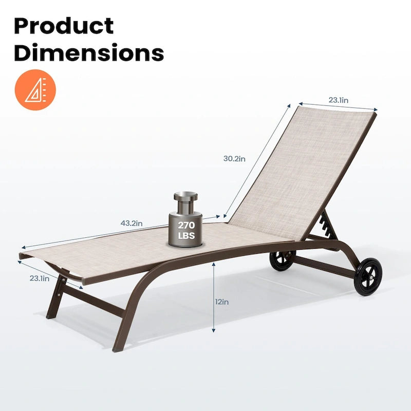 VredHom Outdoor Adjustable Chaise Lounge Chairs with Wheels - 43.2 in D * 12 in H * 21.9 in W